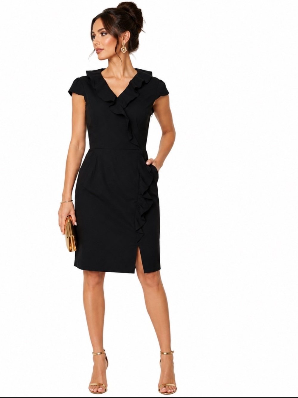 Tahari Arthur S Levine Black Ruffle Office Siren Preppy Sheath Midi Dress Size 6